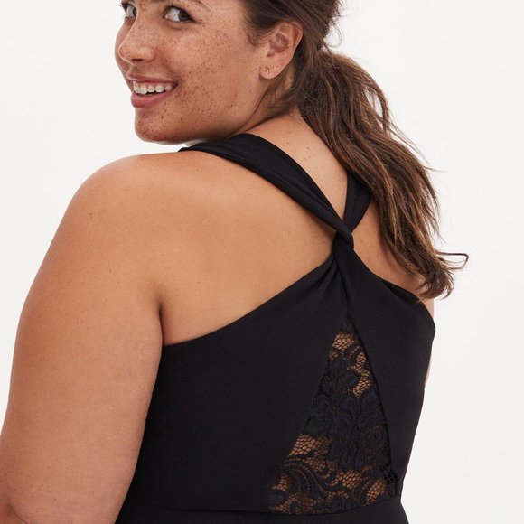 Black Crepe Twist Lace Back Skater Dress - Picture 3 of 8